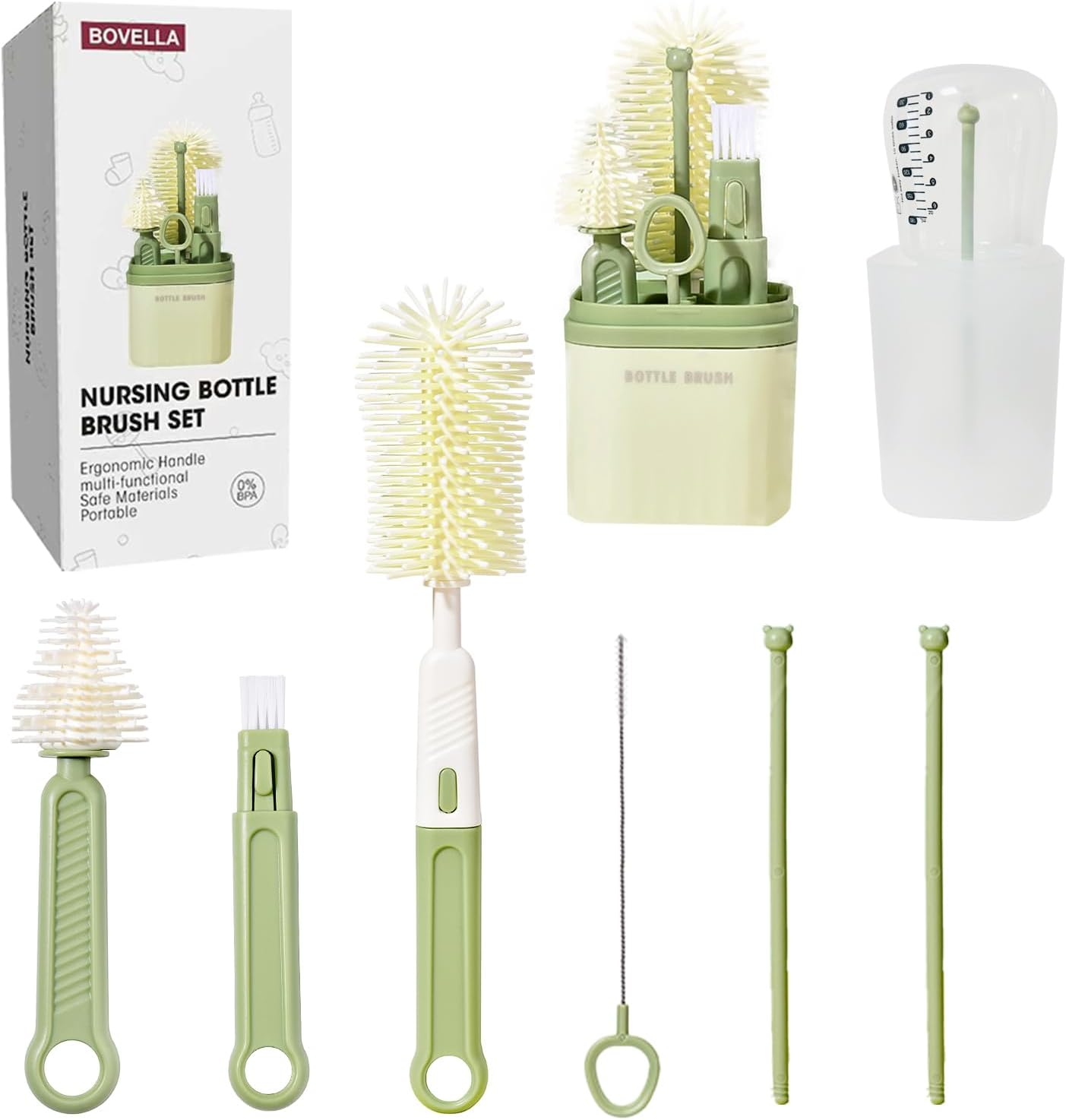 Baby Bottle Brush Set-Travel Bottle Cleaner Kit with Silicone Brush,Drying Rack,Nipple Brush,Straw Brush,Bottle Mouth Brush,Storage Box-6 in 1 Portable Bottle Washing Kit for Home and Travel
