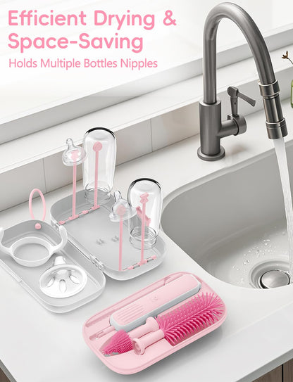 Electric Baby Bottle Brush Cleaner, Baby Travel Bottle Cleaner Kit- 2000mAh Rechargeable Silicone Brush, Drying Rack, Compact Storage Box, 360° Efficient Cleaning Bottle Brush for Home & On-The-Go