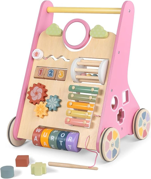 Baby Walker with Wheels, Wooden Push Walker Toys for Babies 10-12 Months, Baby Girl Walking Activity Toys for 1 Year Old