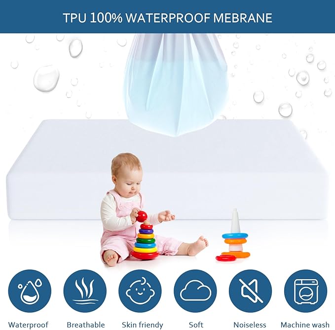 Moonsea Crib Mattress Protector, Waterproof Crib Mattress Pad Cover, Smooth Top Mattress Protector for Kids, Breathable Skin Friendly and Noiseless Fitted Sheet,Viscose Terry,2 Pack