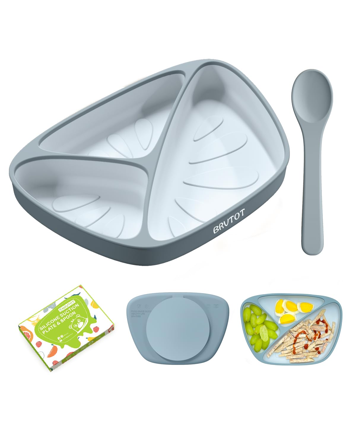 Toddler Suction Plates for Baby, Food Grade Platinum Silicone Baby Plates BPA Free, Divided Suction Toddler Plate Dishes and Spoon Set for Self Feeding, Deeper Design, Dishwasher Safe