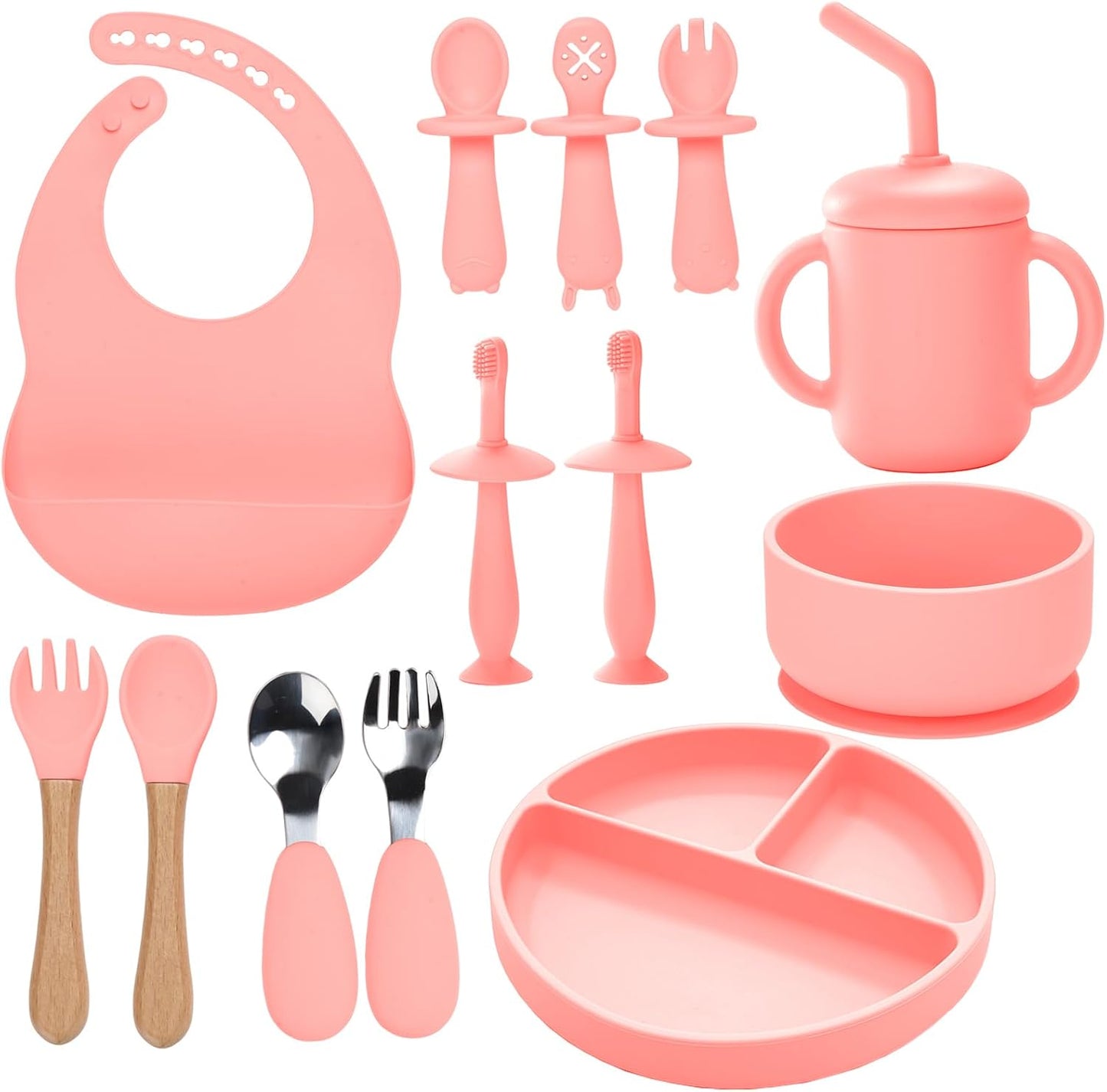 Silicone Feeding Set, 13PCS Baby Feeding Essentials with Suction Bowl & Plate, Spoons & Forks, Bib & Cup, Toothbrush, Baby Led Weaning Supplies for 6+ Months, Eating Essentials (Blue)