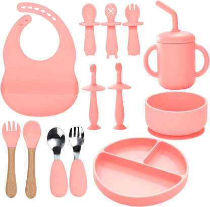 Silicone Feeding Set, 13PCS Baby Feeding Essentials with Suction Bowl & Plate, Spoons & Forks, Bib & Cup, Toothbrush, Baby Led Weaning Supplies for 6+ Months, Eating Essentials (Blue)