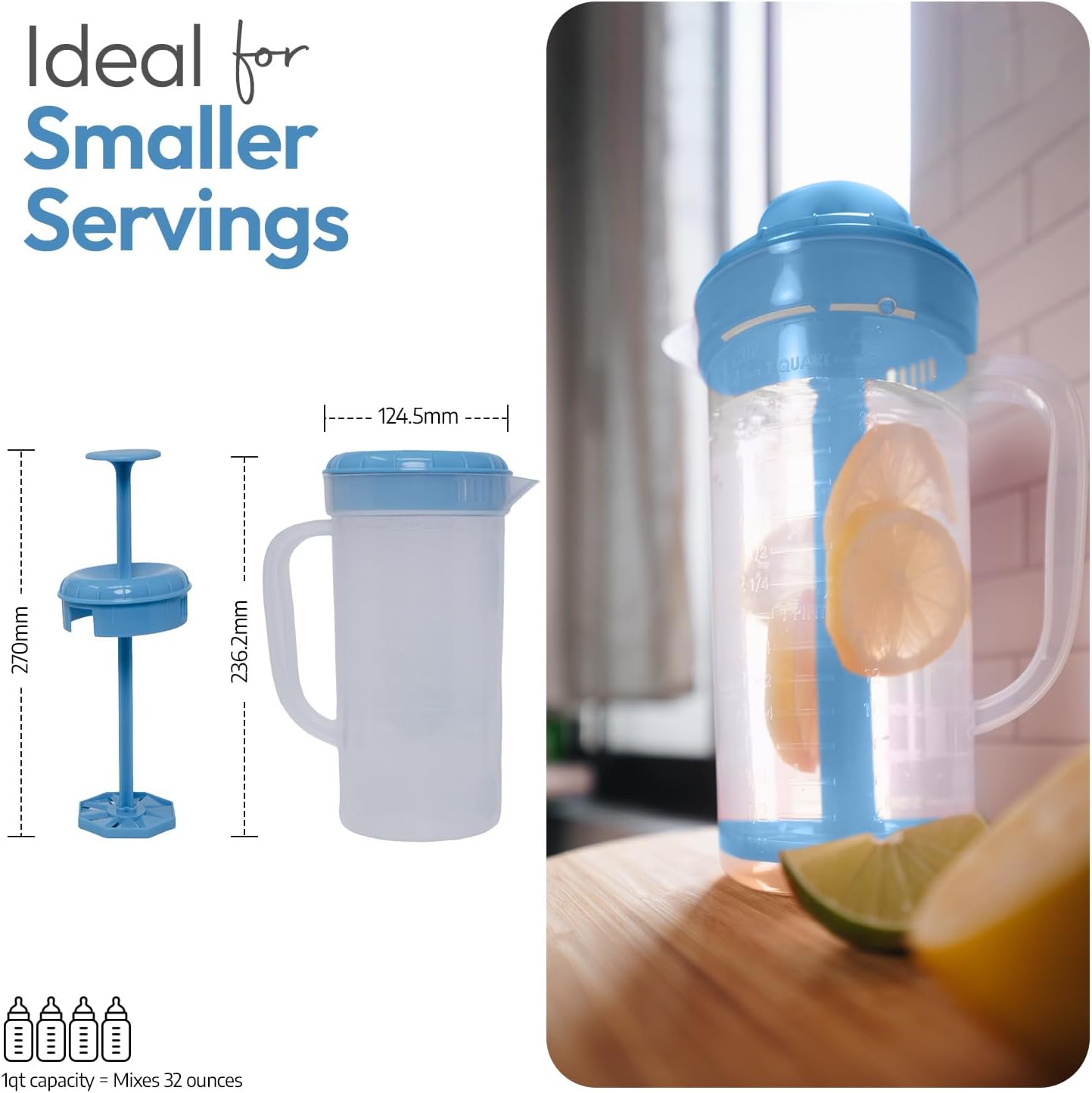 JBK Pottery 1 Quart Plastic Mixing Pitcher with Mixing Lid, BPA Free, Shatterproof Beverage Jug for Iced Tea, Lemonade, Juices, Milk – Leak-Proof, Easy Stirring, Dishwasher Safe | Blue