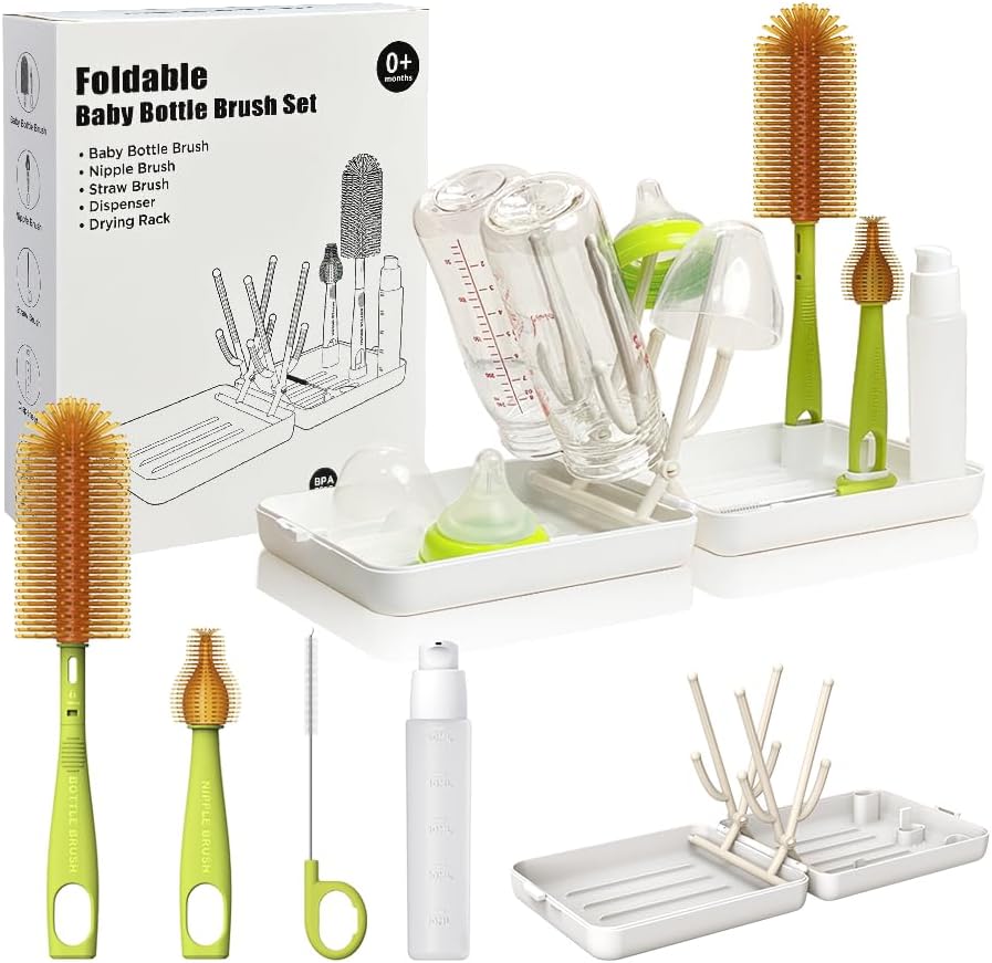 YOTIME Travel Bottle Brush, Travel Bottle Cleaner Kit with Foldable Bottle Drying Rack, for Visit Friends and Relations, Baby Travel Essentials, BPA Free, Green