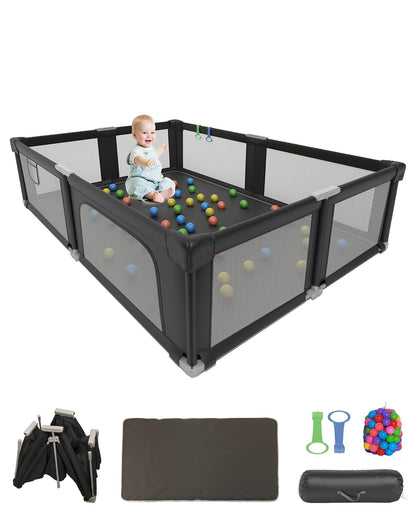 Foldable Playpen for Babies and Toddlers, 51" Portable Play Pen with Mat and Ocean Balls, Play Yard with with Visible Mesh for Inddor and Outdoor, No Assembly Required, Dark Gray