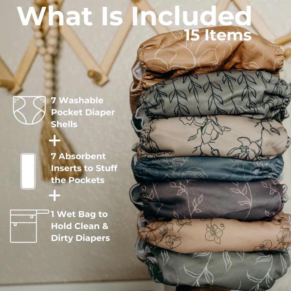 Nora's Nursery Cloth Diapers 7 Pack with 7 Inserts & 1 Wet Bag - Waterproof Cover, Washable, Reusable & One Size Adjustable Pocket Diapers for Newborns and Toddlers - Cali Coastal
