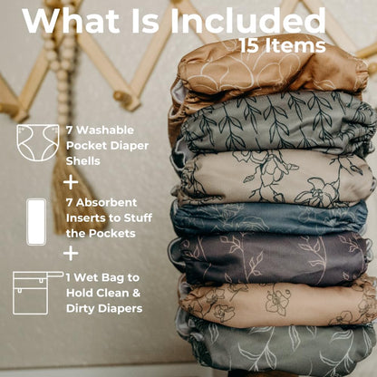Nora's Nursery Cloth Diapers 7 Pack with 7 Inserts & 1 Wet Bag - Waterproof Cover, Washable, Reusable & One Size Adjustable Pocket Diapers for Newborns and Toddlers - Cali Coastal