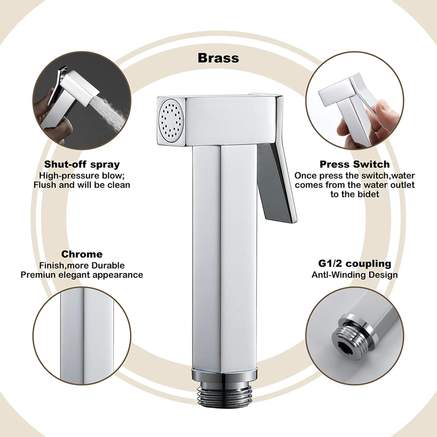 Handheld Bidet Sprayer Square Cloth Diaper Sprayer Brass Bidet Sprayer for Toilet Handheld Bidet Sprayer for Toilet-Adjustable Water Pressure Control(Matte Black)