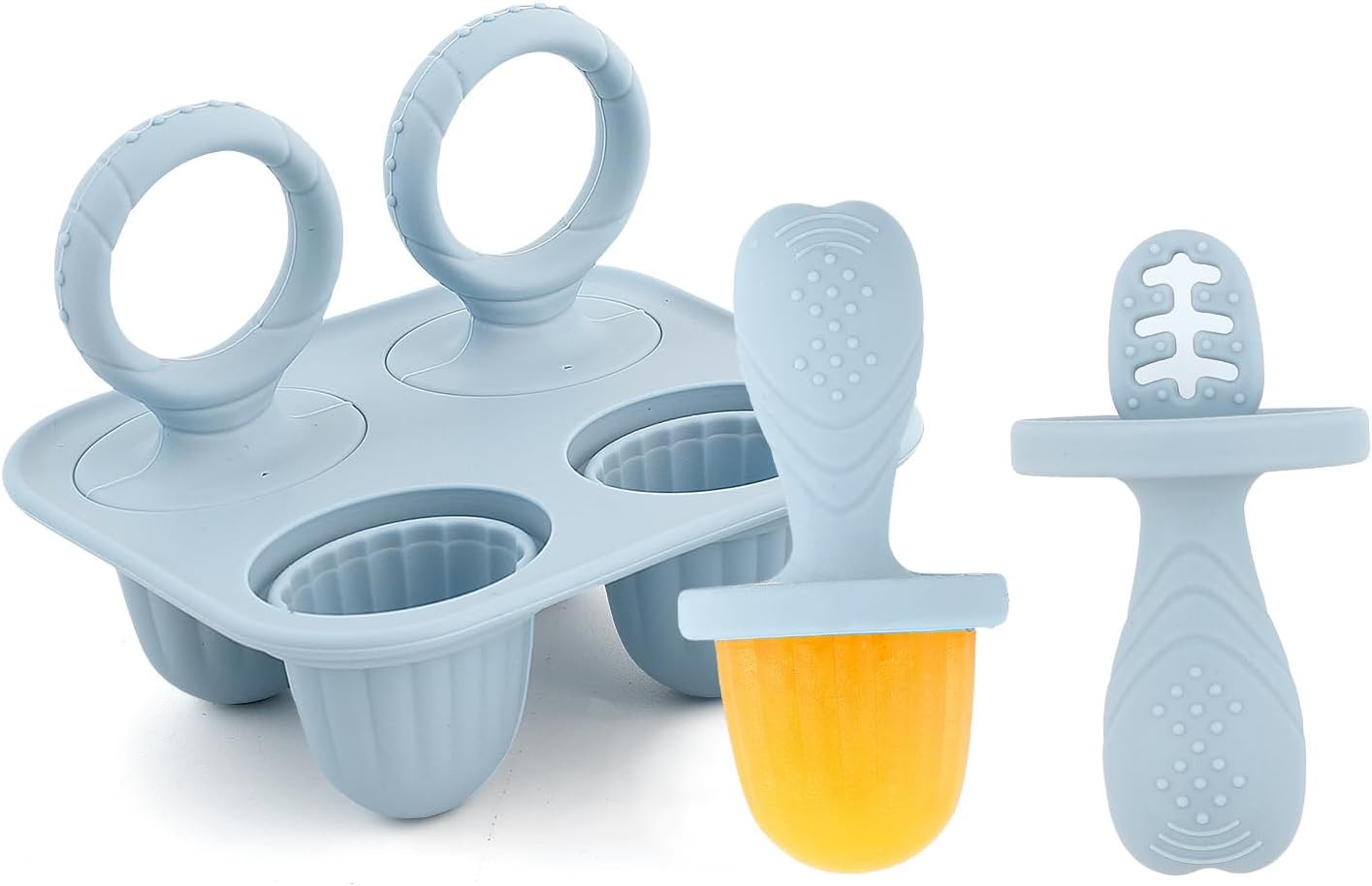 Silicone Baby Ice Pop Molds with Easy-Grip Handles, 4-Cavity Frozen Food Feeder Tray for Toddlers, Mini Popsicle Maker for Feeding Stage, Fruit Puree & Breast Milk Snacks(Olive Green)