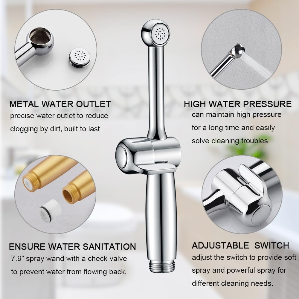 Handheld Bidet Toilet Sprayer, White Bidet Spray for Toilet, Cloth Diaper Sprayer with Backflow Preventer, Adjustable Water Jet Spray with 7.9" Long Wand