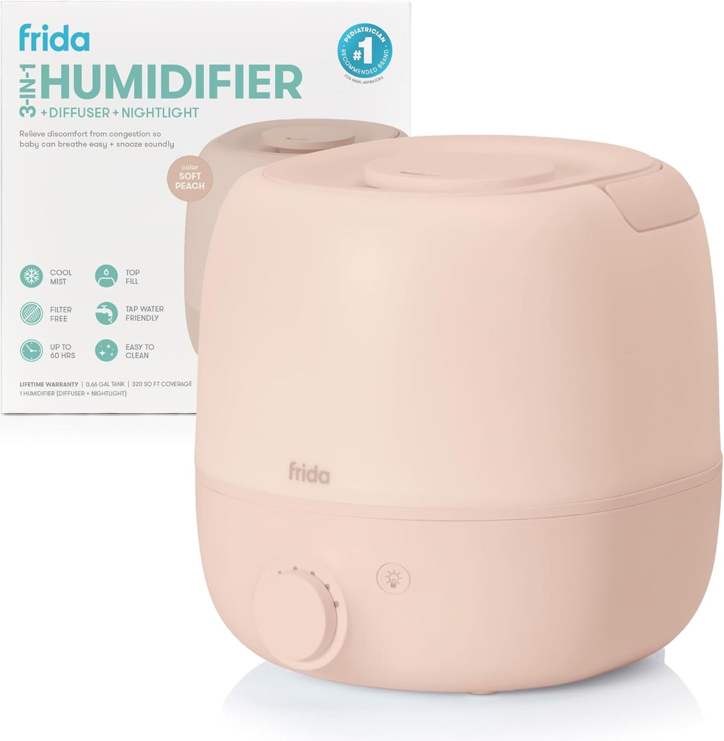 Frida Baby 3-in-1 XL Top Fill Humidifier for Bedroom, Cold & Flu Relief, 6L Tank Cool Mist Humidifier + Diffuser for Large Rooms, Mold Resistant, Nightlight, Auto-Off, Quiet, Essential Oil Diffuser