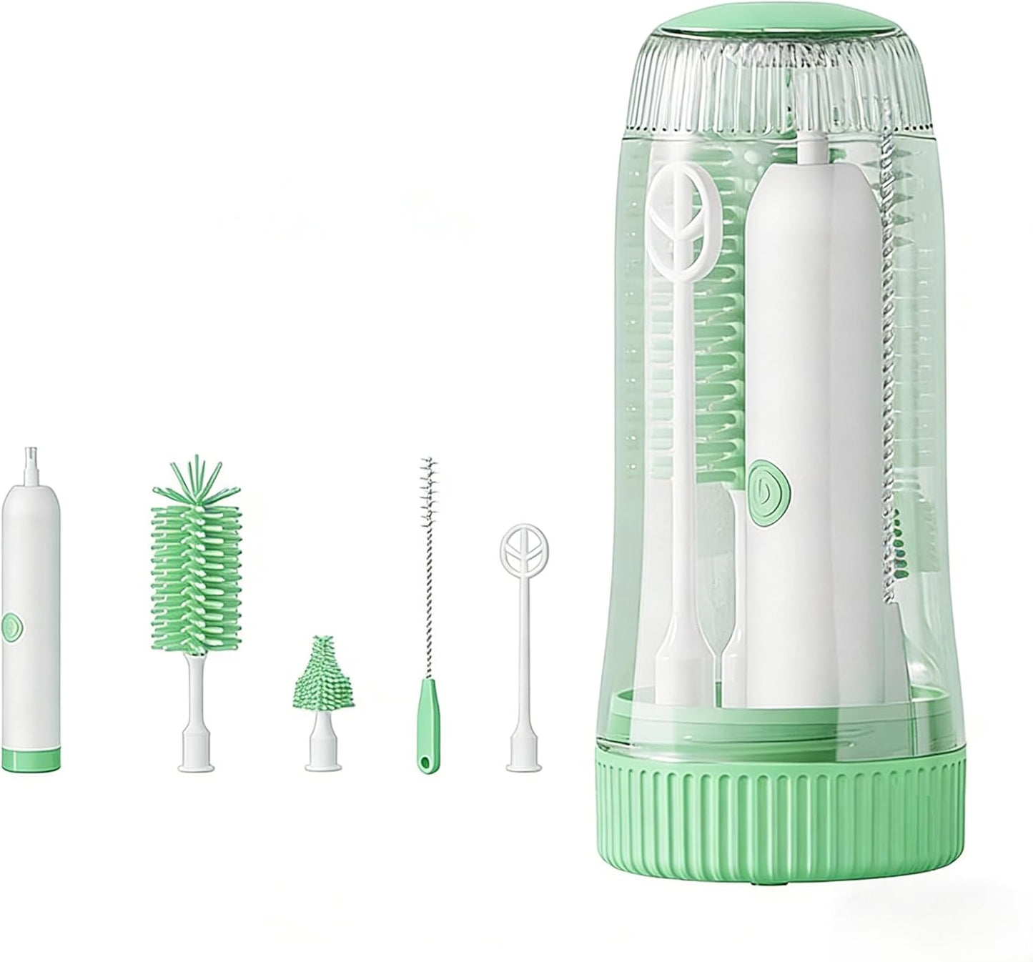 Portable Electric Silicone Bottle Brush Set, 7-in-1 UV LIGHT USB Charging, Nipple/Straw Cleaner, Milk Mixer, Built-in Drying Rack & Storage Case, BPA-Free, IPX7, On-the-Go for New Parents (Blush)