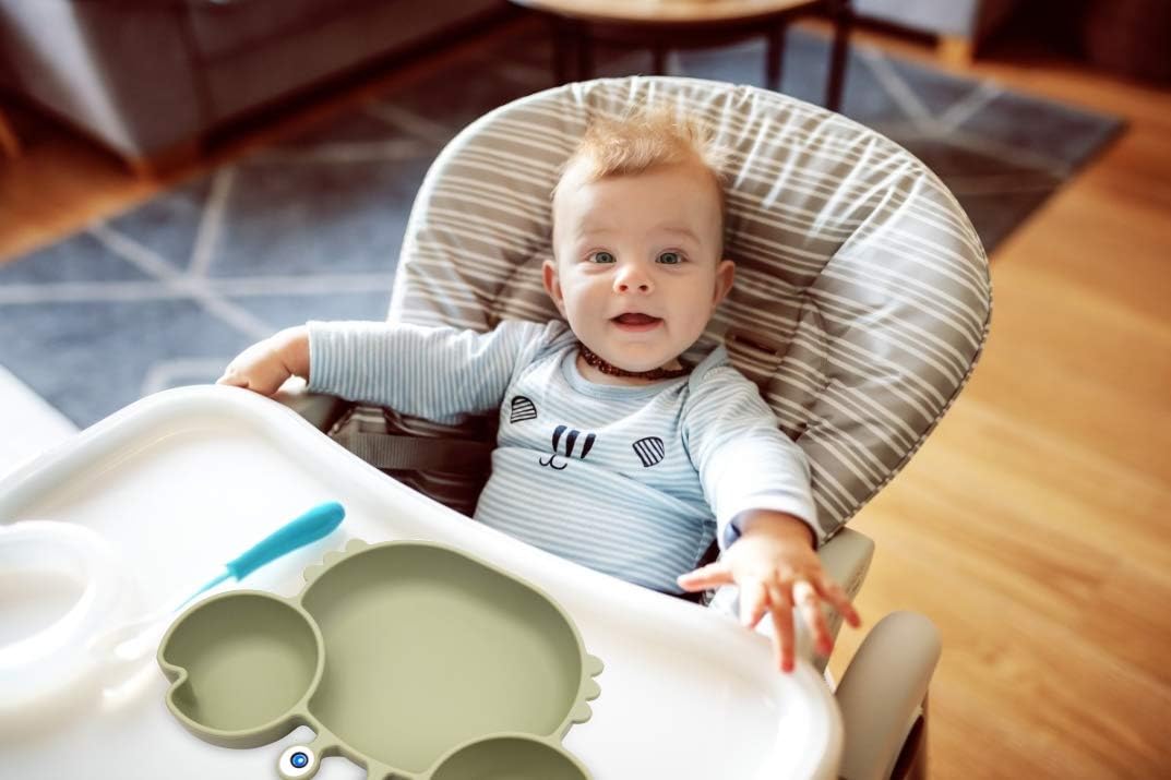 Silicone Suction Plate for Toddlers with Fork Spoon Set - Self Feeding Training Divided Plate Dish and Bowl for Baby and Toddler, Fits for Most Highchairs Trays (Green)