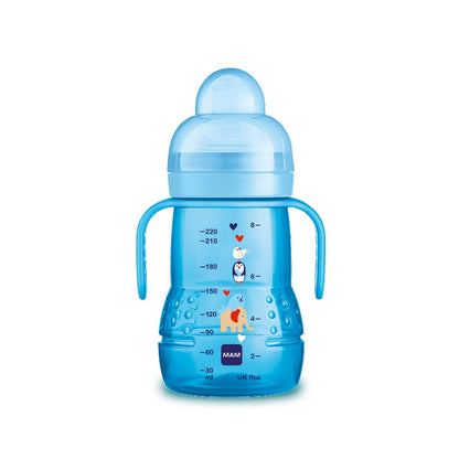 MAM 8 oz Trainer + Sippy Cup 2-Pack, 4+ Months 2-in-1 Baby Training Cup with Nipple & Silicone Spout, Spill Proof, BPA Free, Dishwasher Safe, Made In Europe