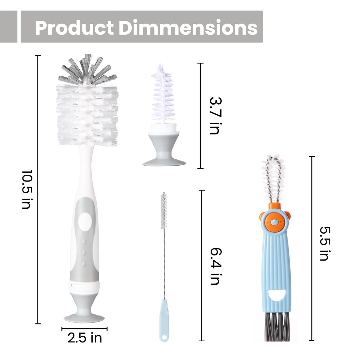 Ariseno 5-in-1 Baby Bottle Brush Set, Including Nylon and Silicone Bottle Brush, Bottle Cap, Straw and Nipple Cleaner, BPA-Free (Blue)