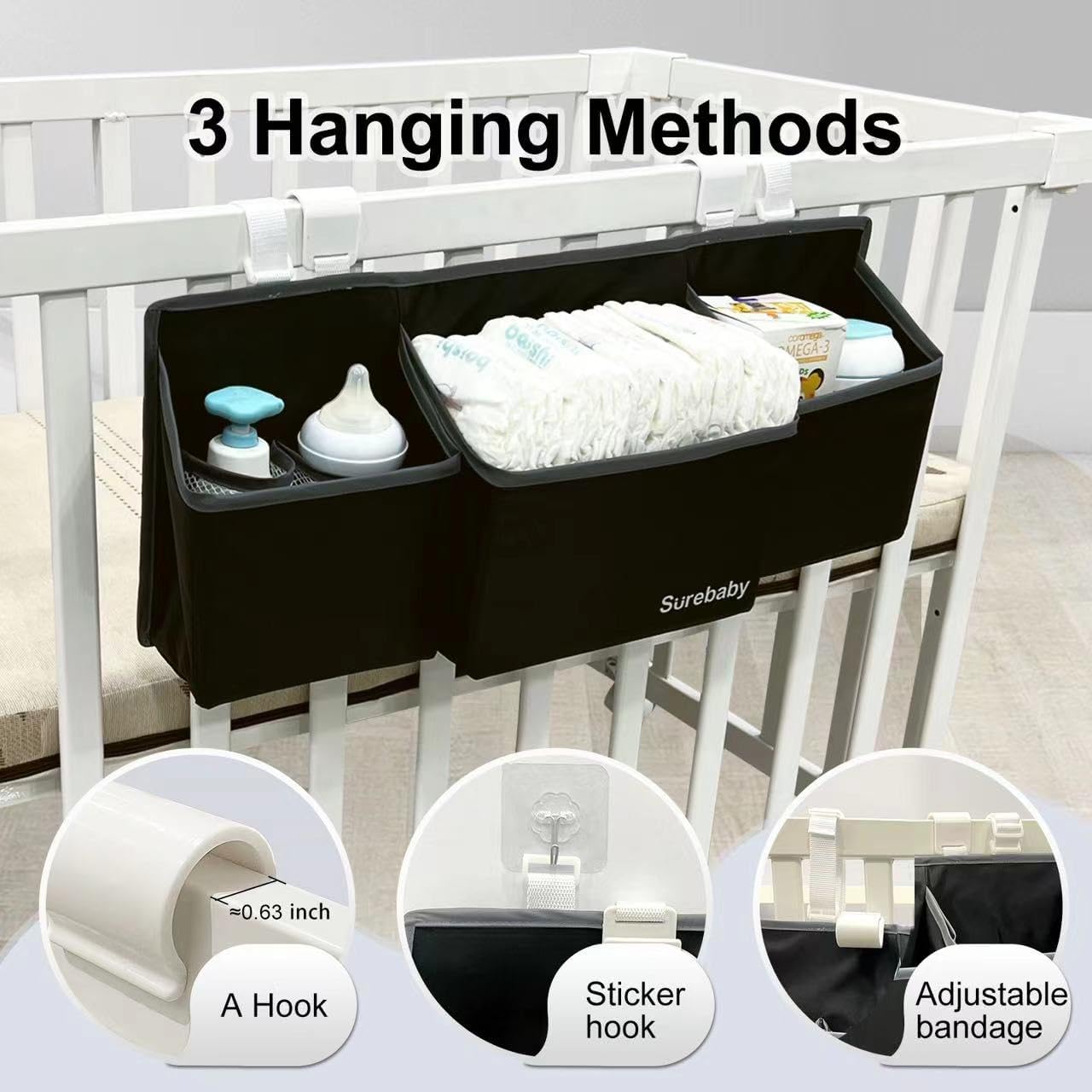 Hanging Baby Diaper Caddy, 3-in-1 Diaper Caddy Organizer Holder For Baby Crib, Nursery Organization Diaper Stacker Storage For Crib, Changing Table-Grey