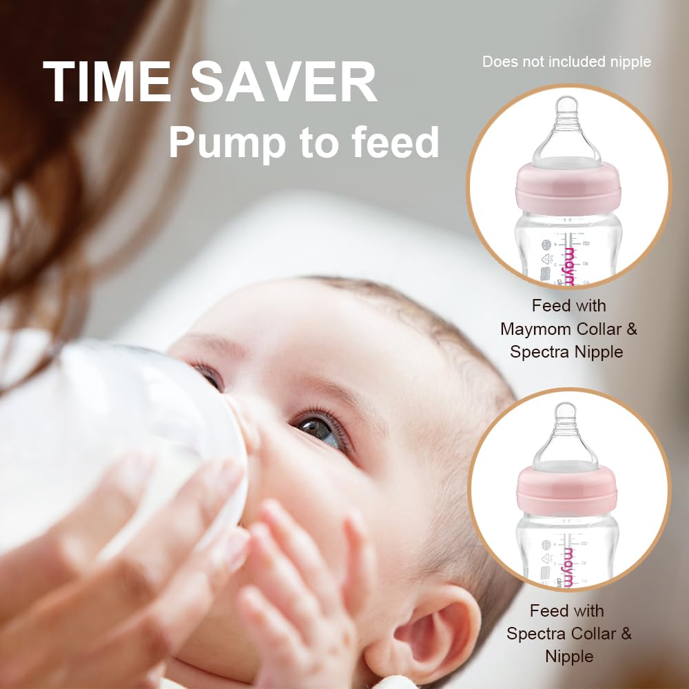 Maymom Wide-Mouth Milk Storage Feeding Collection Bottle with Nipple, Dome Cap, Bottle Top, SureSeal Sealing Disk; Compatible with Spectra Pump/Motif Luna; 5 pc (4.7Oz/140mL)