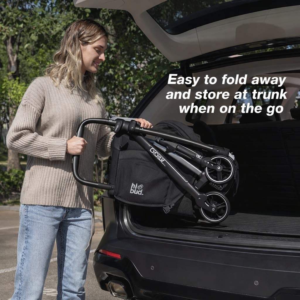 HiBud Baby Stroller, Lightweight Compact Stroller with One-Hand Auto Folding, 5-Point Harness, Adjustable Footrest, Multi-Position Recline, Carry Strap, Supports up to 40 lbs (Grey)