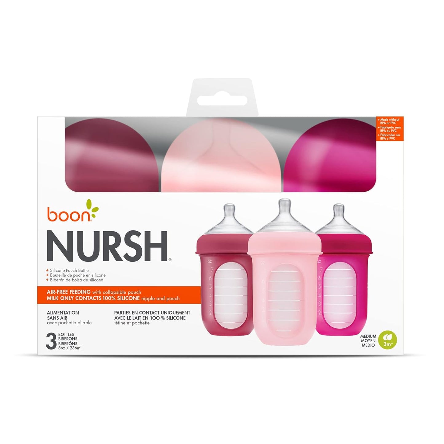 Boon Nursh Reusable Silicone Pouch Baby Bottles - Medium Flow Nipple - Silicone Baby Bottle Pouch and Nipple - Baby Feeding Essentials - Gray - 3-6 Months - 3 Count - 8 Ounce