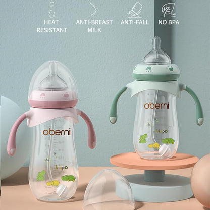 Oberni Baby Bottles, Weighted Straw Toddler Milk Bottles with Non-Slip Handle, Size + Variable Fast Flow, 12+ Months, BPA-Free, Pink/1Pack/9oz