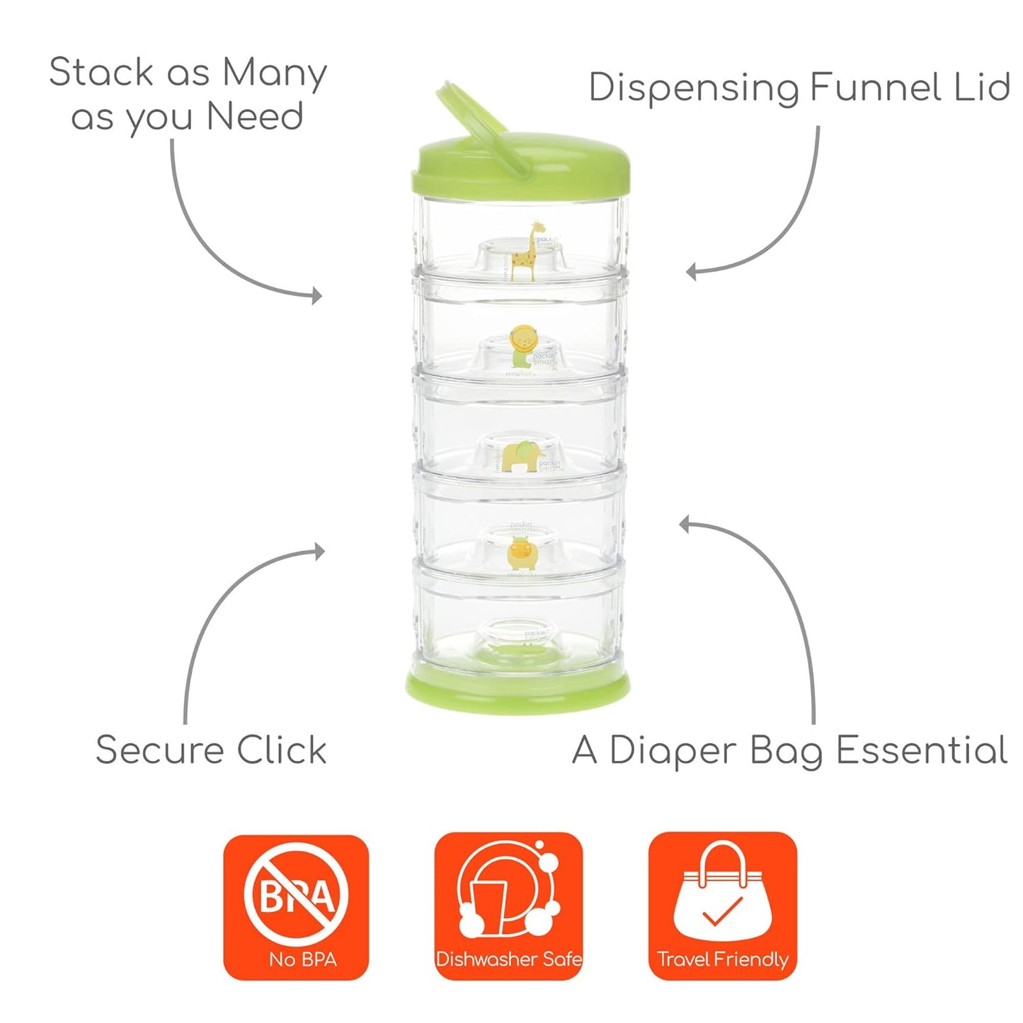 Innobaby Packin' Smart Stackable and Portable Storage System for Formula, Baby Snacks and More. Set of 5 Stackable Containers in Strawberry Sorbet. BPA Free.