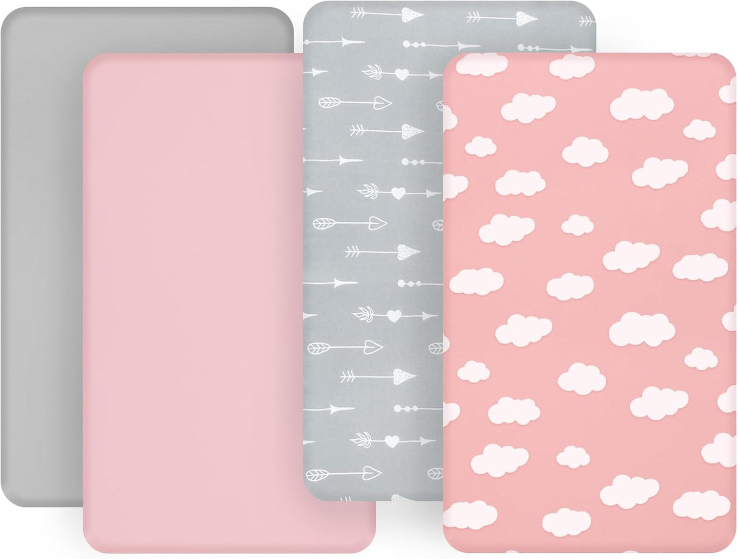 4 Pack Pack and Play Fitted Sheets Compatible with Graco Pack n Play Playard, UPPAbaby Remi and Other 27x39 Playpen Mattress, Ultra Soft and Skin-Friendly, Pink Cloud