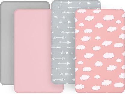 4 Pack Pack and Play Fitted Sheets Compatible with Graco Pack n Play Playard, UPPAbaby Remi and Other 27x39 Playpen Mattress, Ultra Soft and Skin-Friendly, Pink Cloud