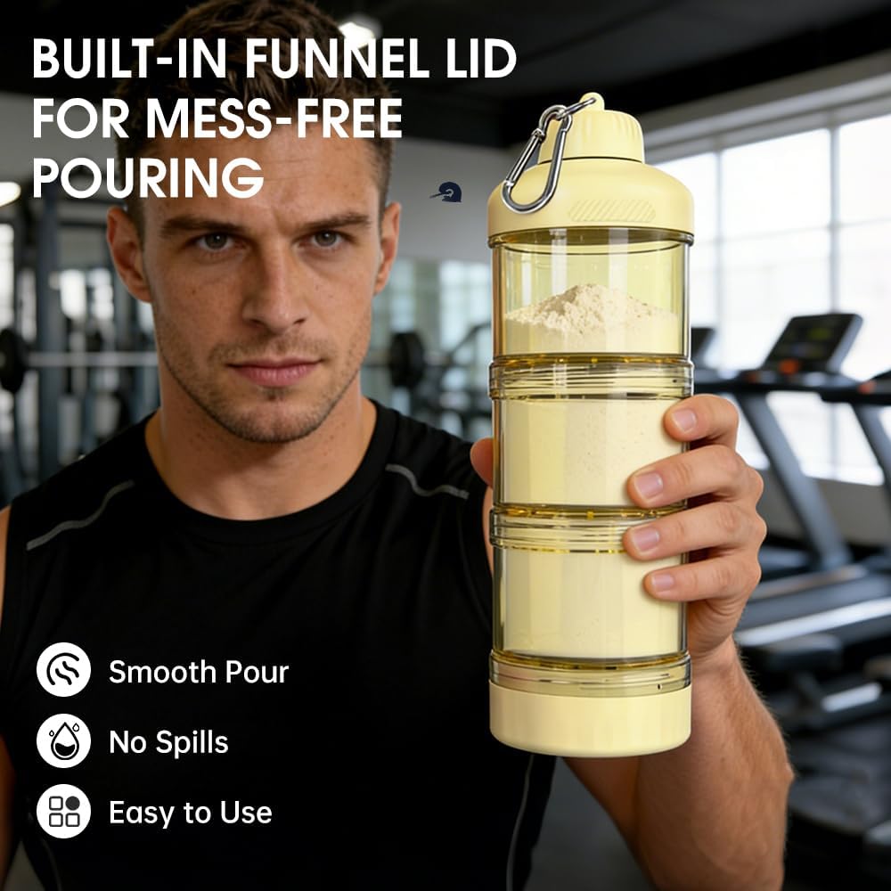 BYLWORKOUT 3-Layer Protein Powder Travel Container with Funnel and Keychain | Portable Food Storage Organizer for Gym, Fitness, Kitchen, Camping, Hiking, and Travel (Ink Blue)