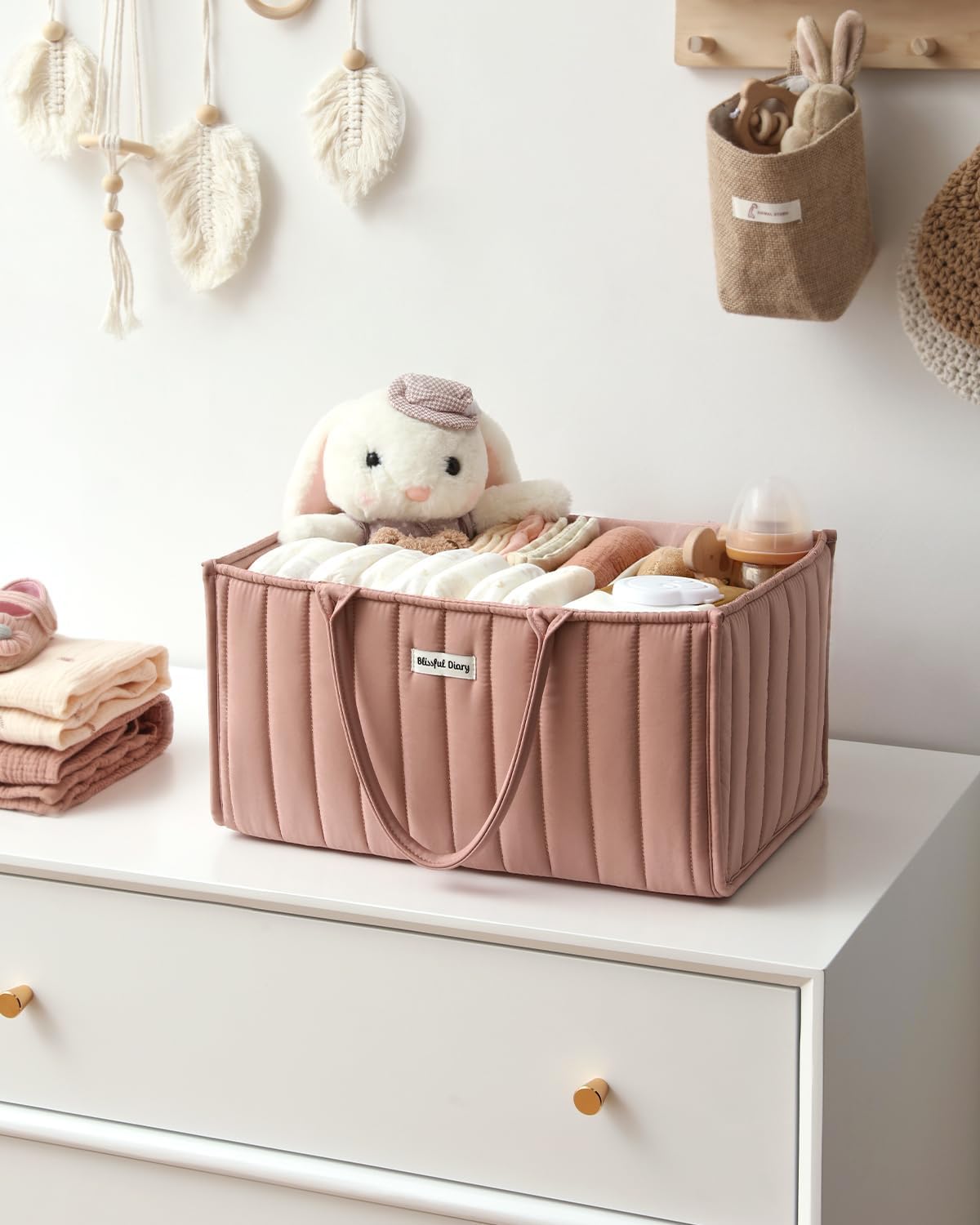 Blissful Diary Baby Diaper Caddy Organizer, Stylish Storage Basket for Newborn Essentials and Diaper Station, Gift for Baby Shower and Registry Must-Have, Mocha Brown
