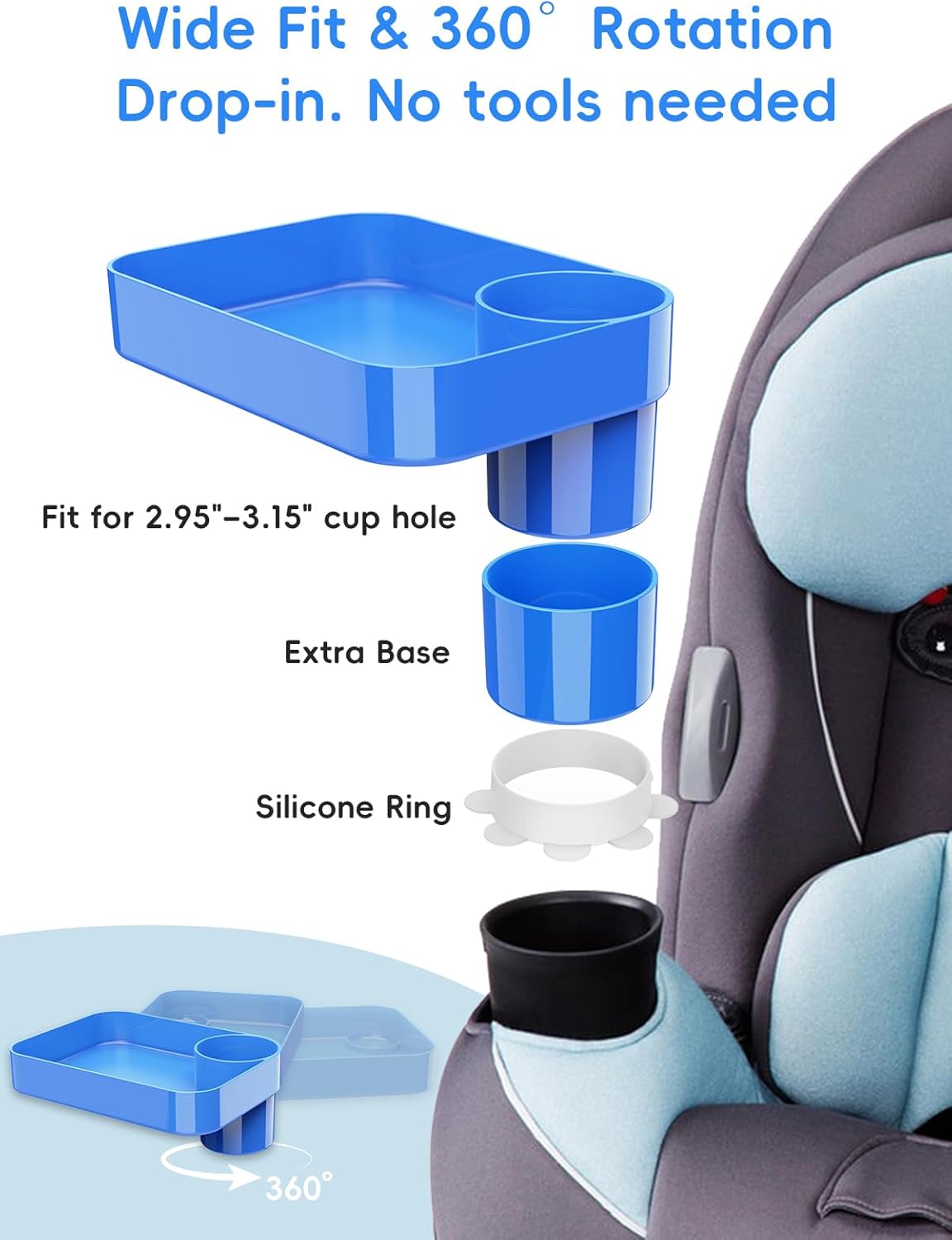 Car Seat Cup Holder Snack Tray for Kids, Reduces Mess, Detachable Large Base & Adjustable Ring, Carseat Tray for Toddler, Car Seat Food Tray Table for Kid Travel Road Trip Essentials -Light Gray