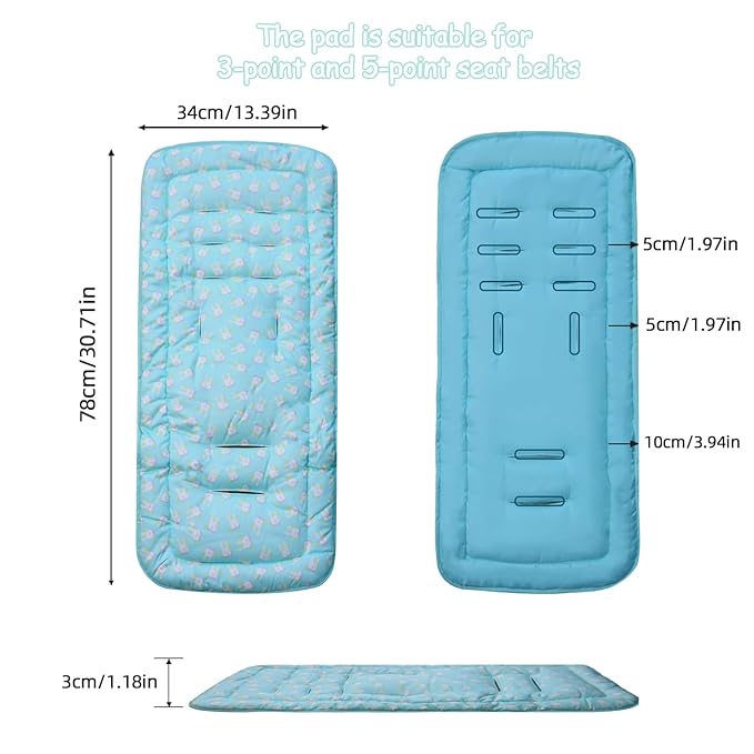 Baby Stroller Cushion, Baby Stroller Seat Liners Universal Stroller Liner, 100% Cotton Breathable and Soft Reversible Toddler Infant Car Seat Insert 34x78cm 1 Pack (Blue Rabbits)