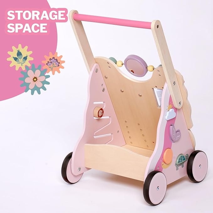 Wooden Baby Push Walker for Girls Toddler Kid 18-36months with Activity Center, Pink Butterfly Montessori Learning Push Walker with Wheels, Push Toy Develop Motor Skills Stimulates Creativity