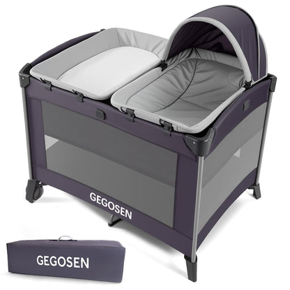Portable Baby Playard 4 in 1 Design, Foldable Baby Playpen with Removable Bassinet, Canopy and Changing Table, Infant Playrad, Nursery Center Travel Crib