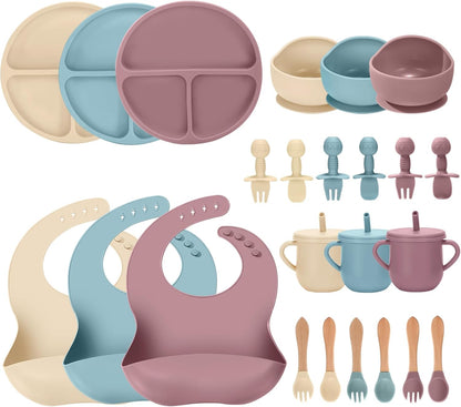 24 PCS Silicone Baby Feeding Set, Baby Led Weaning Supplies Includes Suction Bowls and Divided Plates, Adjustable Silicone Bib, Spoons&forks, Training cup with straw (Green+Brown+Beige)