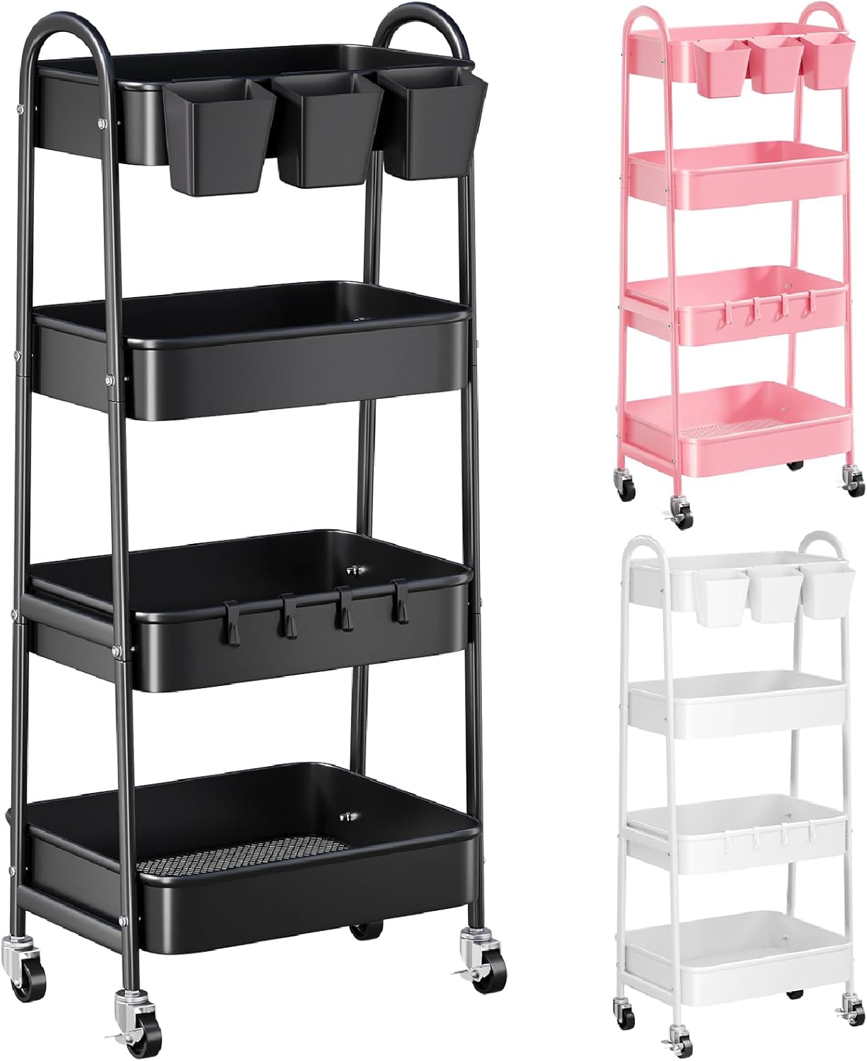 3 Tier Heavy Duty White Metal Rolling Cart with Lockable Wheels, Three Tier Roller Book Snack Cart, Utility Storage Organizer Carts for Kitchen, Bathroom, Garage, Baby Diaper, Craft, Art, Teacher