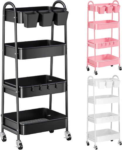 3 Tier Heavy Duty White Metal Rolling Cart with Lockable Wheels, Three Tier Roller Book Snack Cart, Utility Storage Organizer Carts for Kitchen, Bathroom, Garage, Baby Diaper, Craft, Art, Teacher