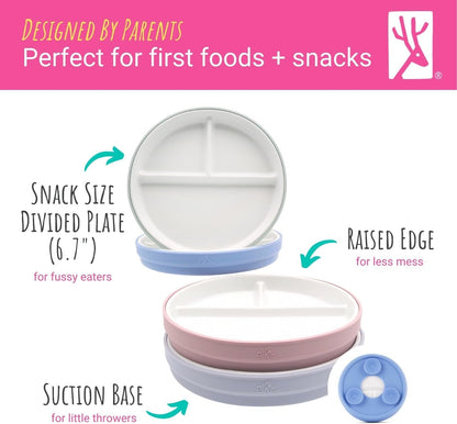 Elk and Friends Kids 6.7” Porcelain Divided Plates with Silicone Suction Sleeves + Silicone Lids | Suitable for Babies/Kids/Toddlers | Microwave & Dishwasher Safe | Non Slip | Snack Dishes | 4 Pack