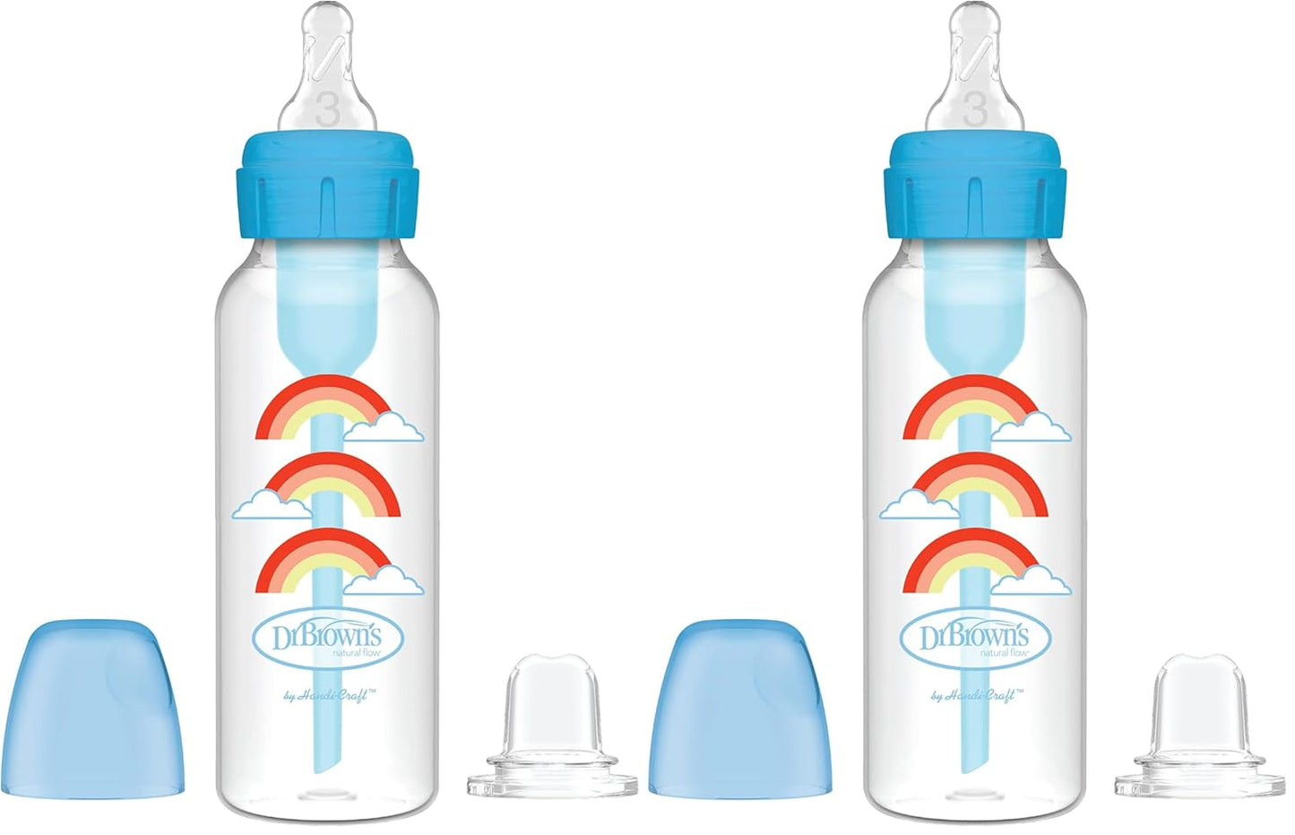Dr. Brown's Anti-Colic Options+ Narrow Sippy Bottle Starter Kit, 8oz/250mL, with Level 3 Medium-Fast Flow Nipple and Soft 100% Silicone Sippy Spout, Blue, BPA Free, 6m+