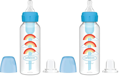 Dr. Brown's Anti-Colic Options+ Narrow Sippy Bottle Starter Kit, 8oz/250mL, with Level 3 Medium-Fast Flow Nipple and Soft 100% Silicone Sippy Spout, Blue, BPA Free, 6m+