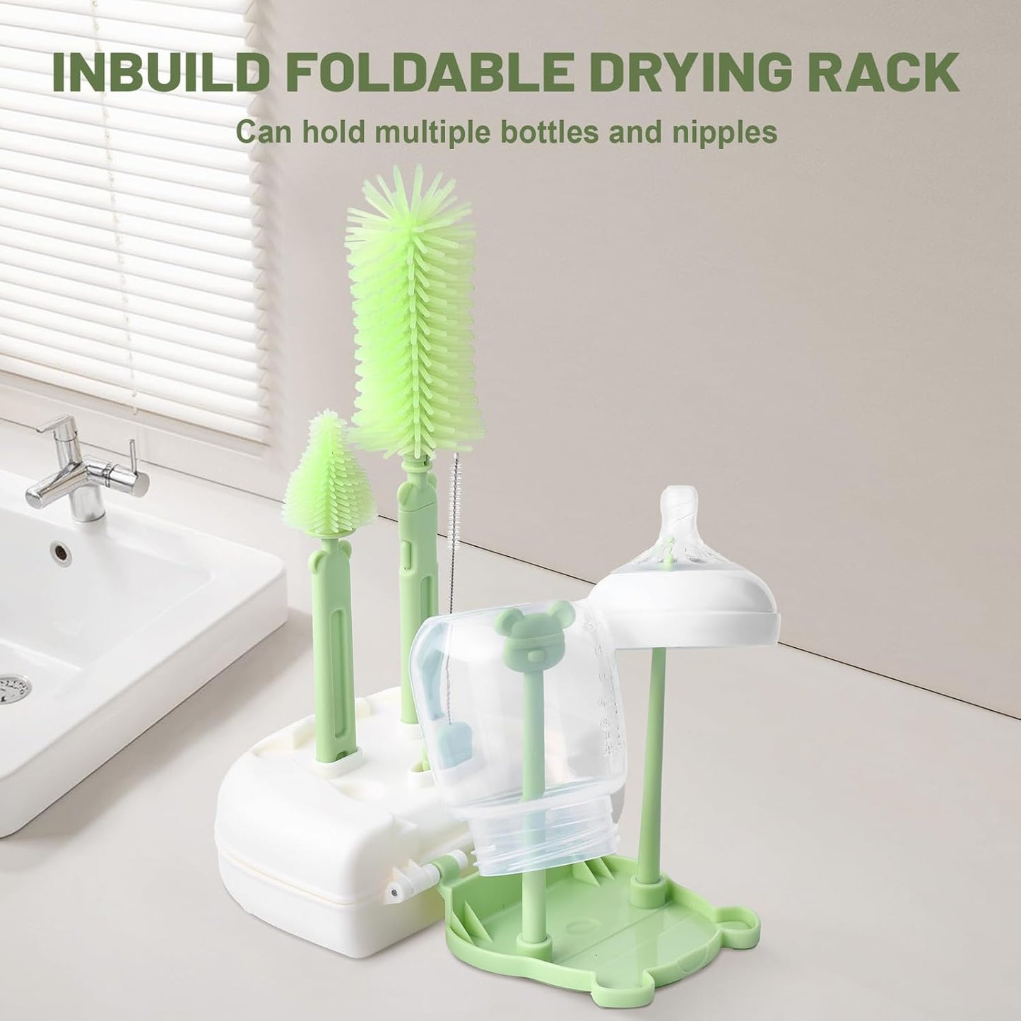 Baby Bottle Cleaner Brush Set Bottle Cleaner Brush Set Portable Bottle Cleaning Kit Set Silicone Brush, Nipple Brush, Straw Brush, Dispense Detergent Dispenser, Drying Rack - 6 in 1