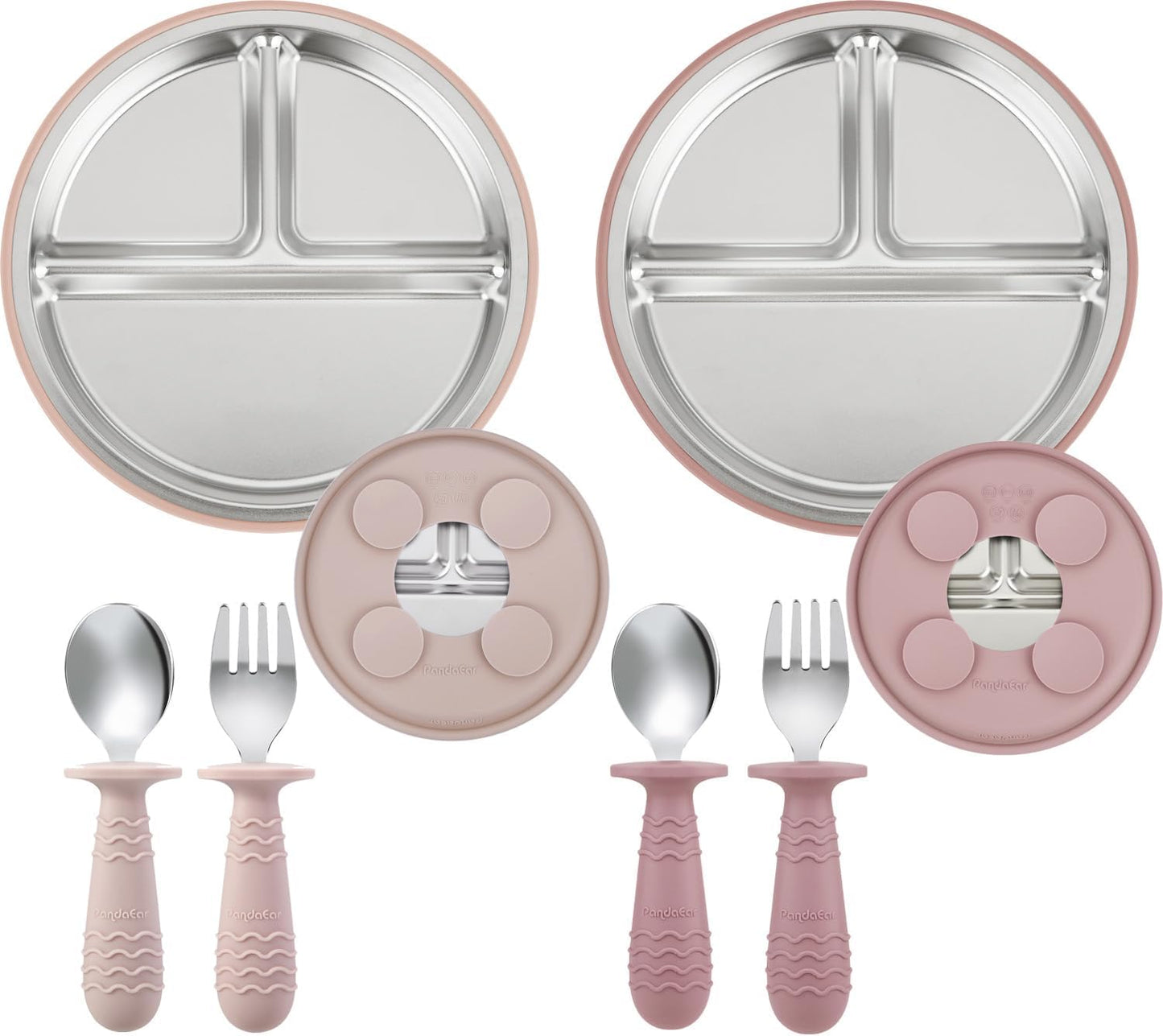 PandaEar 2 Pack Stainless Steel Baby Suction Plates & 2 Pack Spoons and Forks Set, Toddler Utensils Baby Feeding Set, Divided Plates for Baby Led Weaning Supplies, BPA-Free (Tan/Walnut)