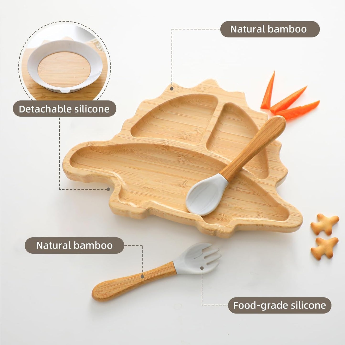 HBM Bamboo Baby Plate Set with Suction - Dinosaur Divided Toddler Dishes with Matching Fork & Spoon | Natural Wood Stay-Put Feeding Set for Infants & Kids (Marble Texture Not Stains)