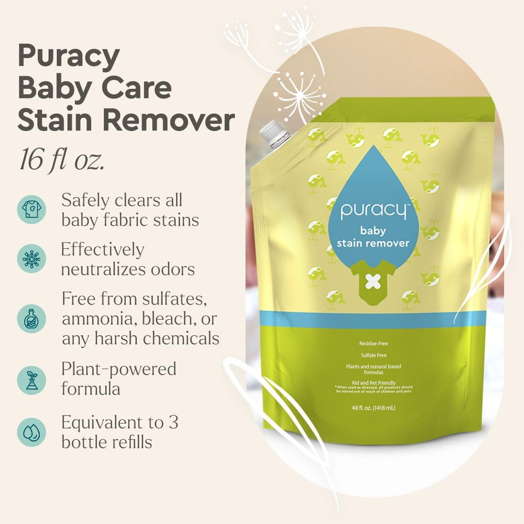 Puracy Stain Remover for Baby Clothes and Cloth Diapers, Newborn Baby Essentials Must Haves, Enzyme-Based Laundry Spray, Natural Spot and Odor Cleaner, 16 Oz