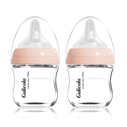 Gulicola Small Glass Baby Bottle for Newborn Breastfeeding Babies, Preemie & Extra Slow Flow Nipples (SS), Anti-Colic, Breast-Like, 0 Months+, 3 oz, 2 Pack - White
