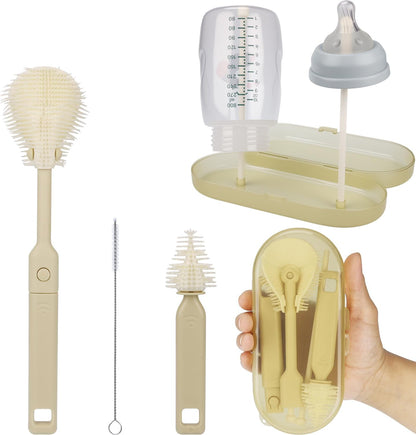 Portable Baby Bottle Brush Set – 5-in-1 Silicone Baby Bottle Cleaner Kit with Nipple Brush, Straw Brush, Drying Rack & Travel Case – BPA-Free, Bottle Washing Set for On-the-Go (Pink)