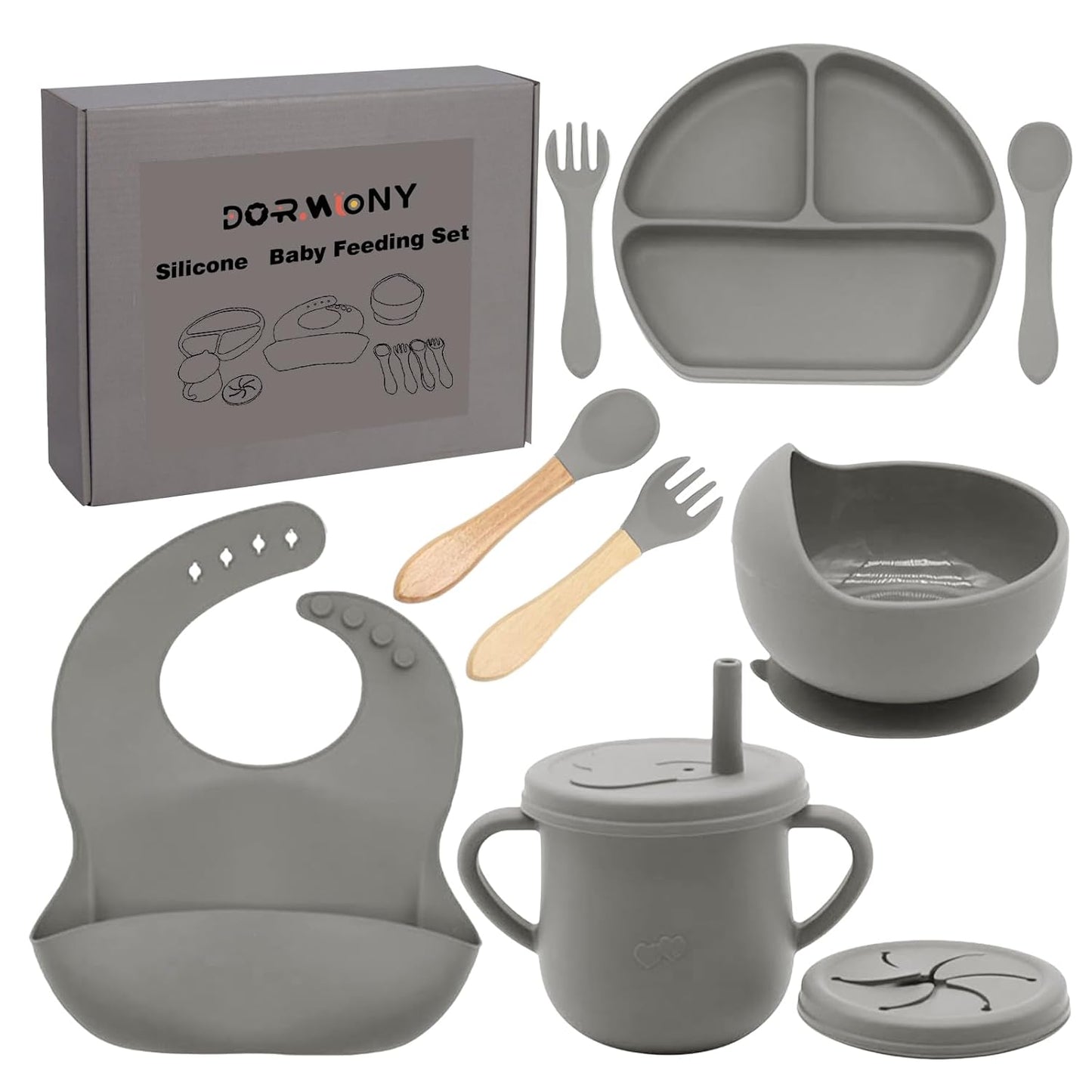 100% Silicone Baby Feeding Set, BPA Free Baby Dishes with Suction Bowl, Divided Plate, Toddler Self Feeding Dish Set with Spoons, Forks, Sippy Cup and Bib, Baby Eating Utensils (Navy Blue)