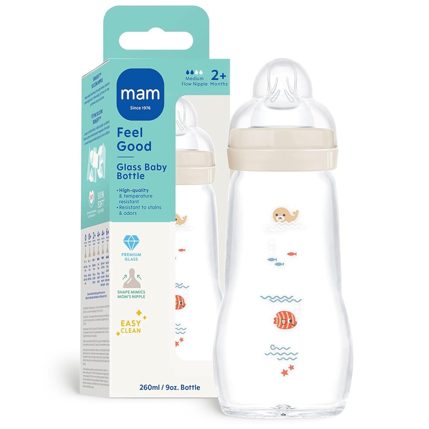 MAM 9oz Feel Good Pure Glass Anti-Colic Wide Neck Baby Bottle, Medium Flow Skin Soft Silicone Nipple, Easy to Clean, BPA Free, 2+ Months, Easy Switch Between Breast & Bottle, Made in Europe, 3 Pack