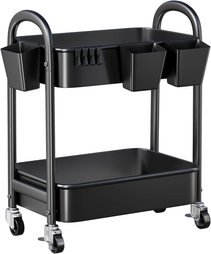 3 Tier Heavy Duty White Metal Rolling Cart with Lockable Wheels, Three Tier Roller Book Snack Cart, Utility Storage Organizer Carts for Kitchen, Bathroom, Garage, Baby Diaper, Craft, Art, Teacher