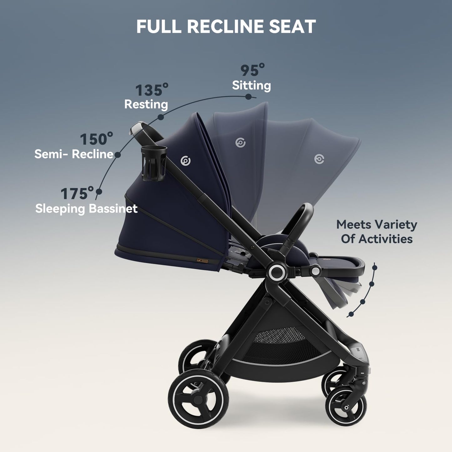 EMU Baby Stroller with Reversible Seat Full-Size Infant Stroller with Full Recline Cockpit Compact Foldable Toddler Carriage for Outdoor City - Black